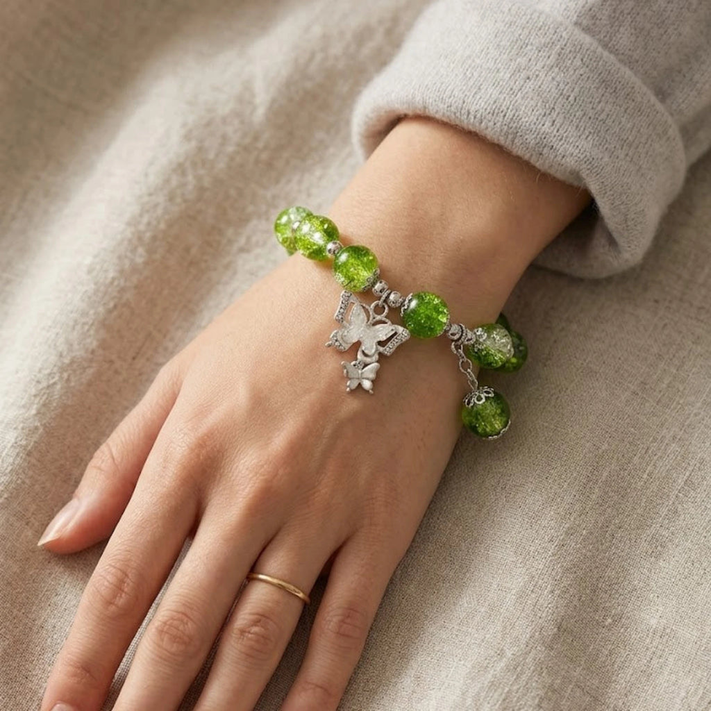 Bracelet "Éclat de Printemps" – Vert Givré et Papillons