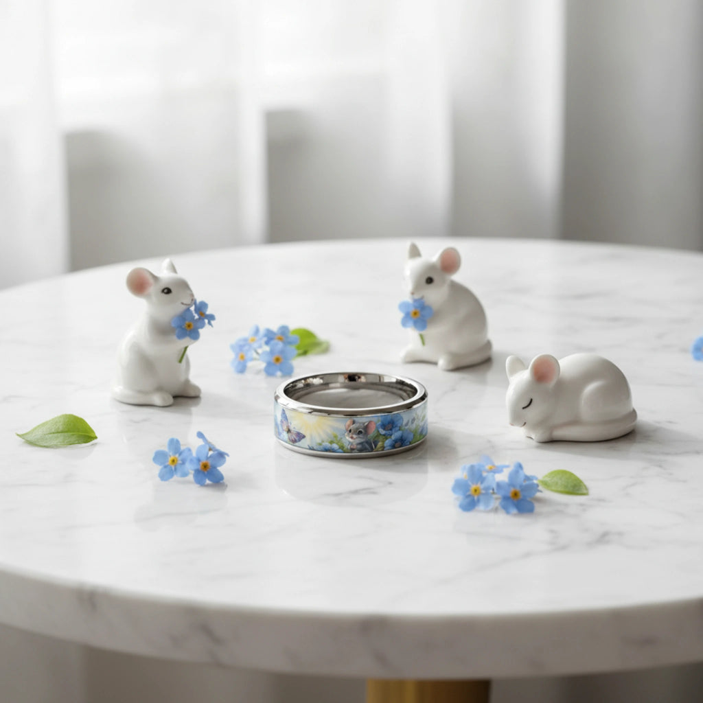 Bague petite souris des champs en acier inoxydable et résine – vue de face